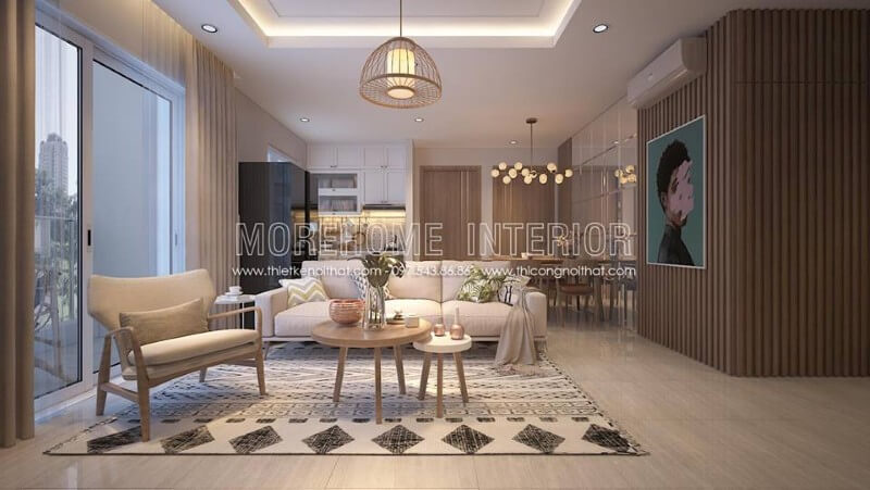 Trang trí nội thất phòng khách hiện đại với gam màu nâu sữa ấm áp Thiết kế phòng khách chung cư hiện đại