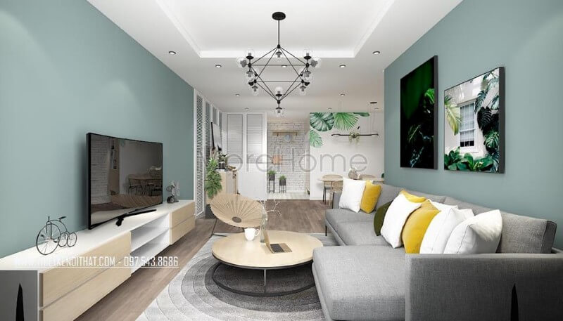 Thiết kế nội thất phòng ngủ chung cư nổi bật với gam màu xanh mát mẻ, bộ sofa ấn tượng Thiết kế phòng khách chung cư hiện đại