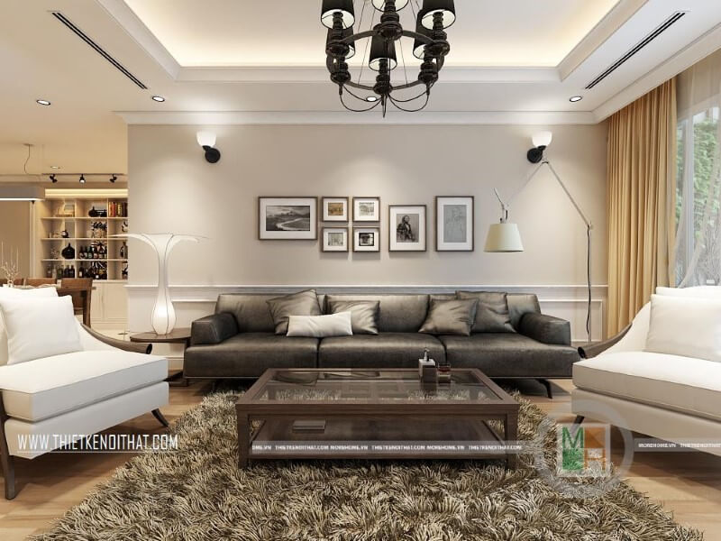 Mẫu thiết kế phòng khách đẹp với trang trí nội thất độc đáo sử dụng thảm lông màu sẫm kết hợp bộ sofa da cao cấp thu hút mọi ánh nhìn Thiết kế phòng khách chung cư