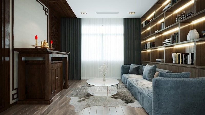 Mẫu kệ tủ gỗ công nghiệp hiện đại với thiết kế dài có áp trần và nhiều ô ngăn cách giúp trưng bày sách hoặc trang trí làm đẹp cho không gian phòng.